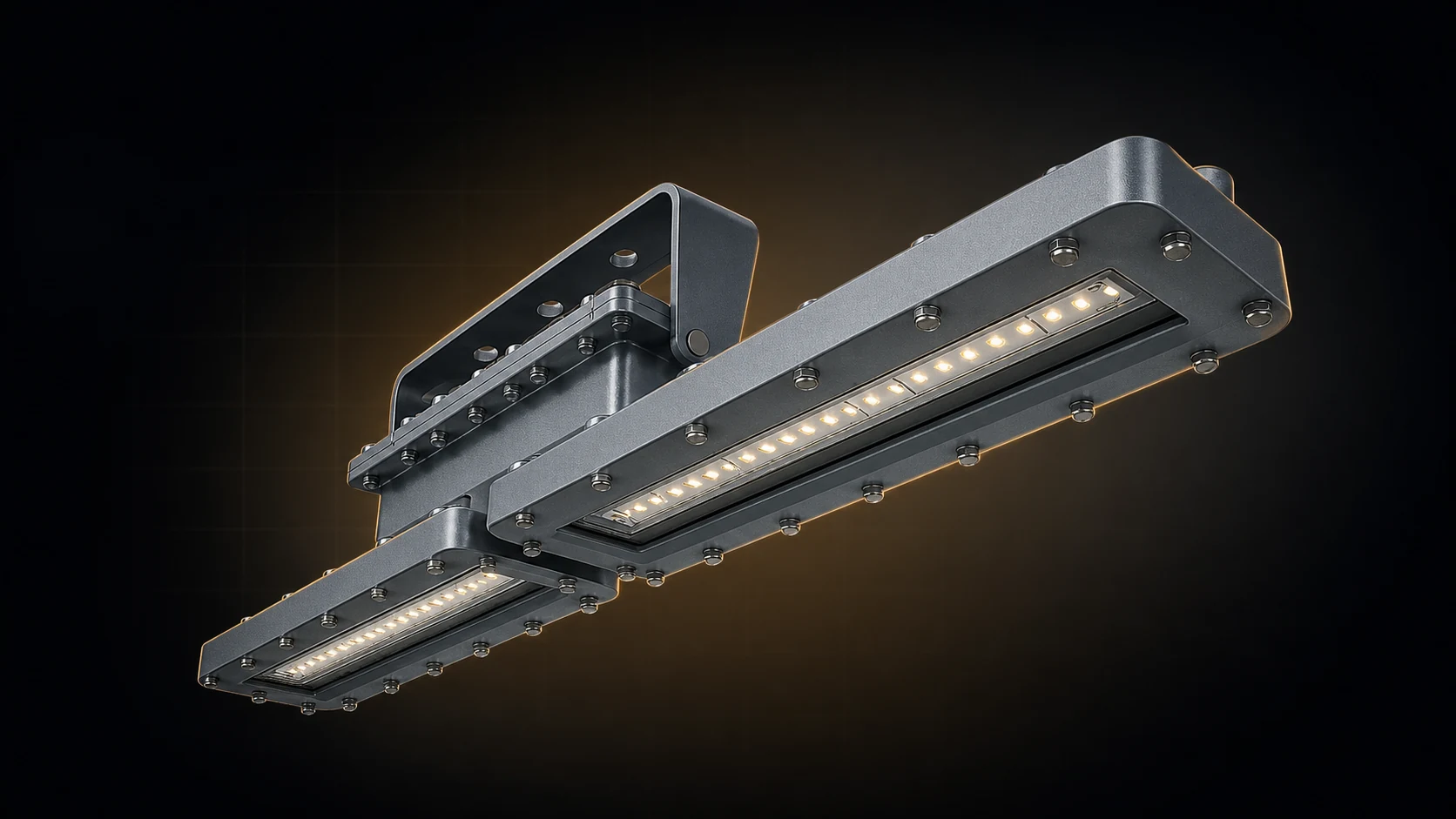 EXI explosion proof linear LED fixture illuminated against a dark technical background