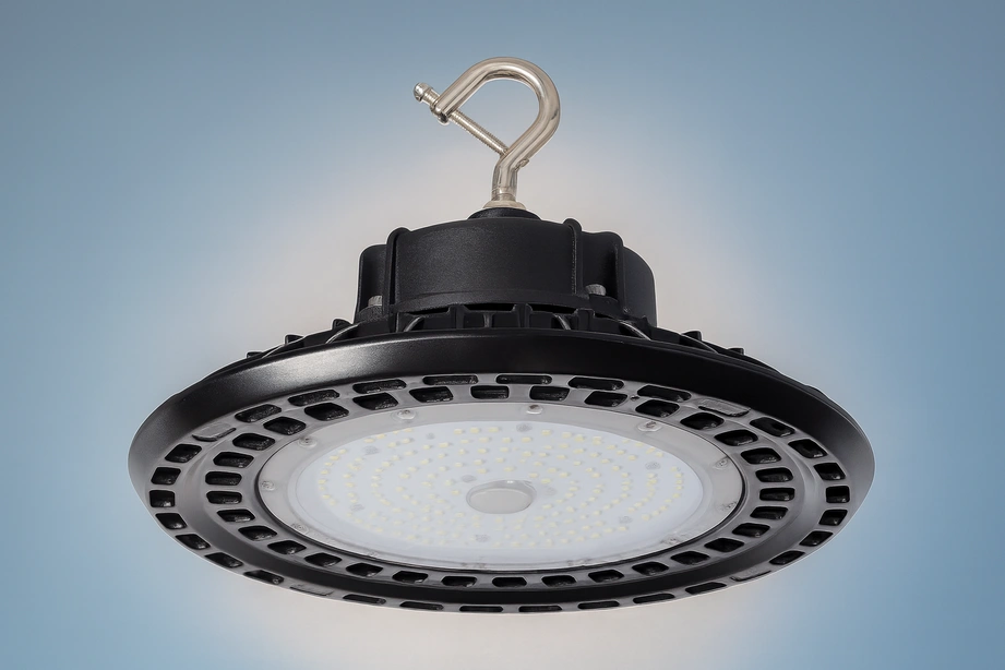 Photoreal 3D render of LS-5EHB UFO LED High Bay light with stainless steel hook, matte black housing, and frosted LED lens against a light gray to blue gradient background.