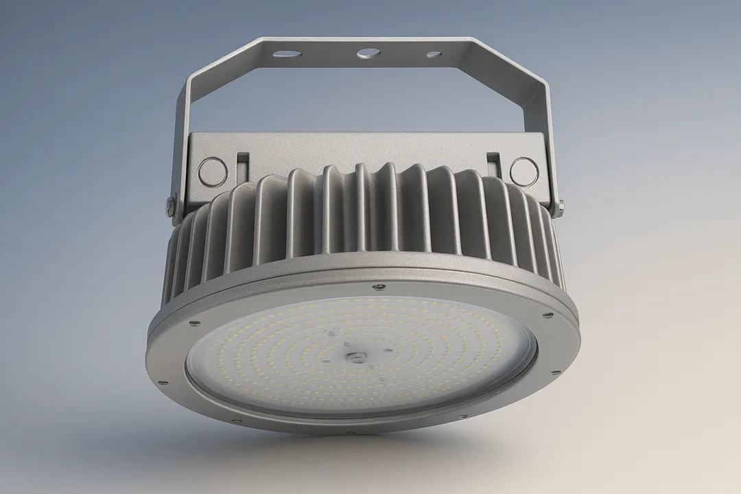 RT HPH high temperature round high bay LED, 240 W 80 °C rated fixture shown as hot environment high bay option