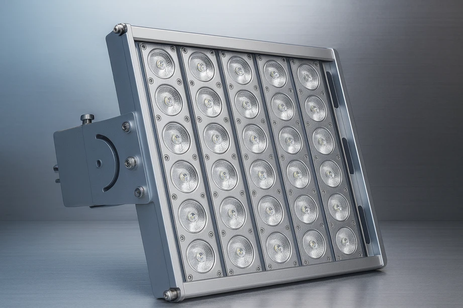 RT-IL high-temperature LED flood/high bay, 100 °C (212 °F) rating, IP66 sealed optics with multiple beam angles, high-efficacy industrial yoke mount.