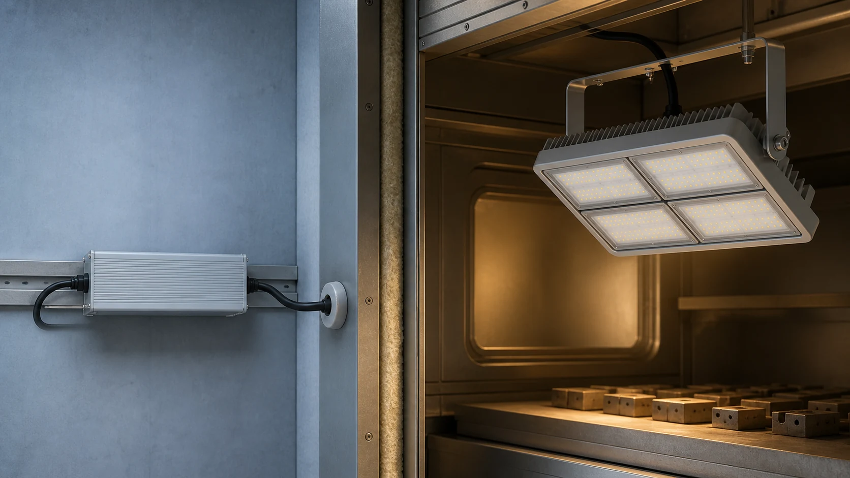 Product-reference visualization of an RT-IL-150C external driver in a cooler service zone connected to a silver light head mounted inside a warm industrial process chamber